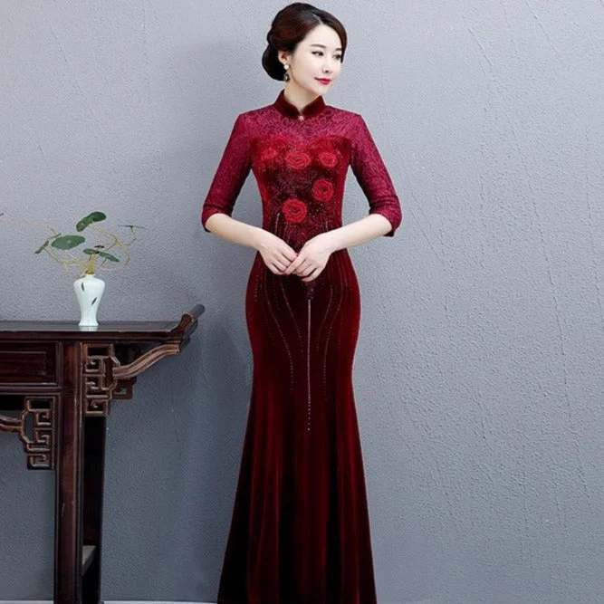 3/4 Sleeve Floral Embroidery Mermaid Velvet Cheongsam Mother Dress