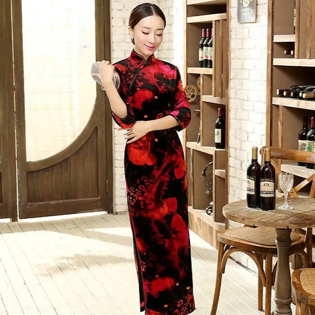 3/4 Sleeve Full Length Floral Velvet Cheongsam Chinese Dress