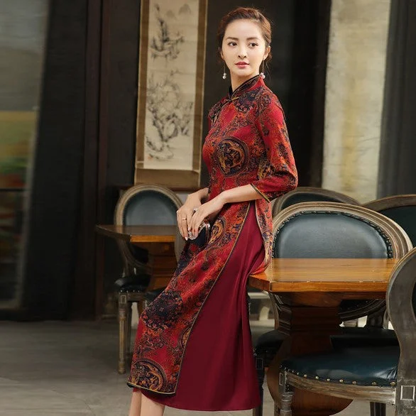 3/4 Sleeve Mandarin Collar Tea Length Floral Silk Ao Dai Dress