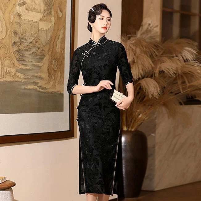 3/4 Sleeve Tea Length Floral Flocking Traditional Cheongsam Chinese Dress