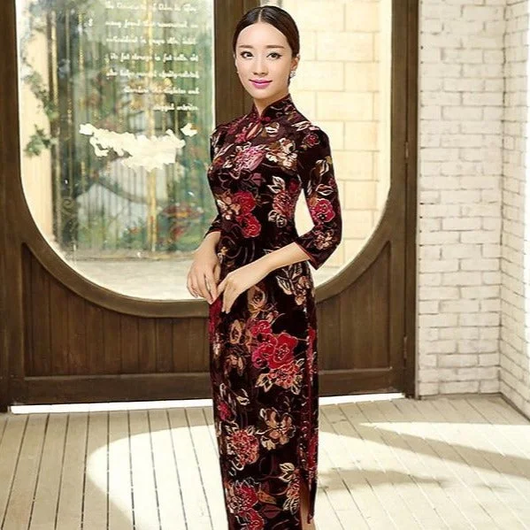 3/4 Sleeve Tea Length Floral Velvet Cheongsam Chinese Dress