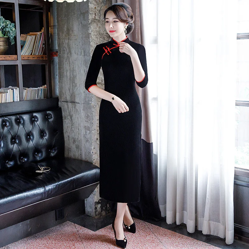 3/4 Sleeve Tea Length Retro Cheongsam Mother Dress