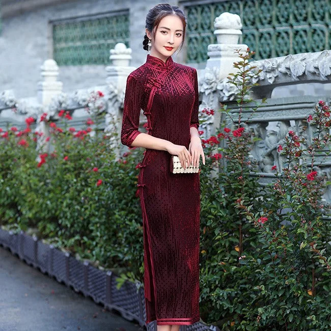 3/4 Sleeve Tea Length Velvet Traditional Cheongsam Chinese Dress