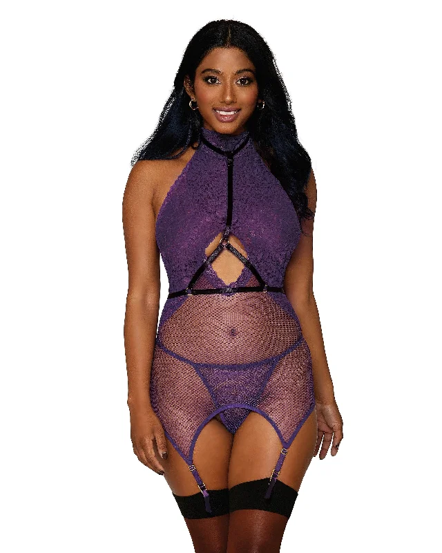 Dreamgirl 3-piece lace and fishnet garter slip, elastic harness and matching G-string set