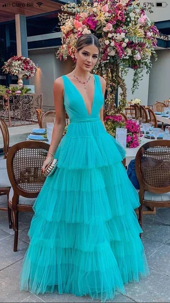 A-Line V-neck Floor-Length Tulle Prom Dress  gh980