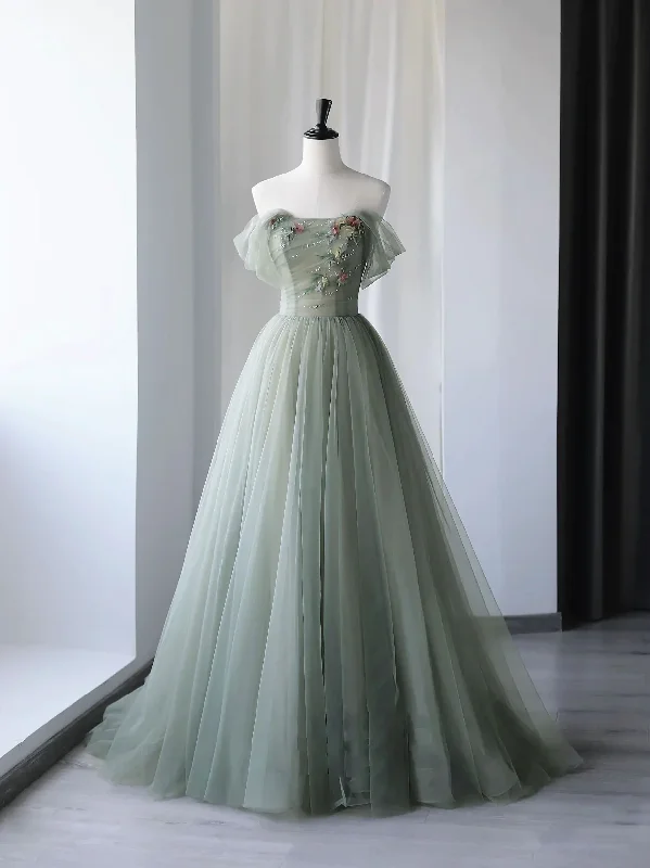 Gray Green Tulle Off Shoulder Long Prom Dress, Gray Green Formal Graduation Dresses gh2530