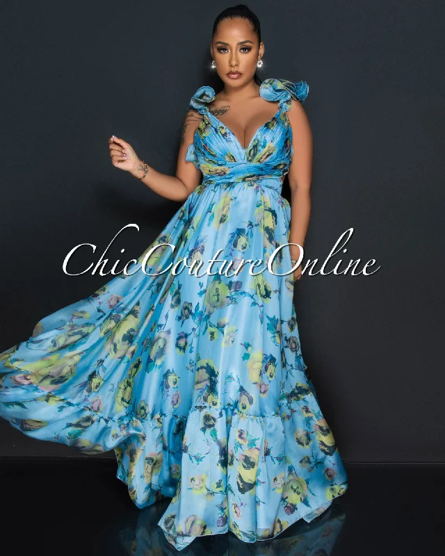 Anderson Blue Floral Print Drape Ruffle Maxi Dress