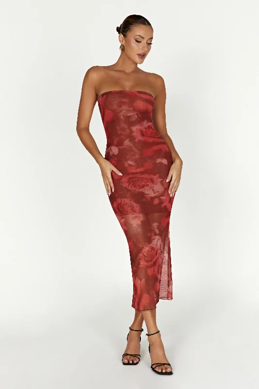 Aphrodite Strapless Mesh Dress - Oversized Rose Print