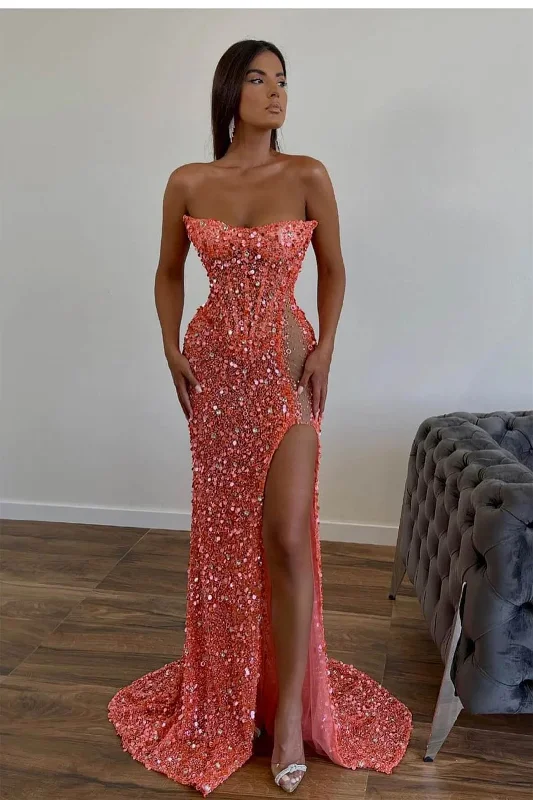 Dark peach Strapless Sequins Mermaid Prom Dress Long Split Online gh2465