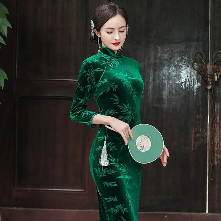 Bamboo Leaves Pattern 3/4 Sleeve Tea Length Velvet Cheongsam Chinese Dress