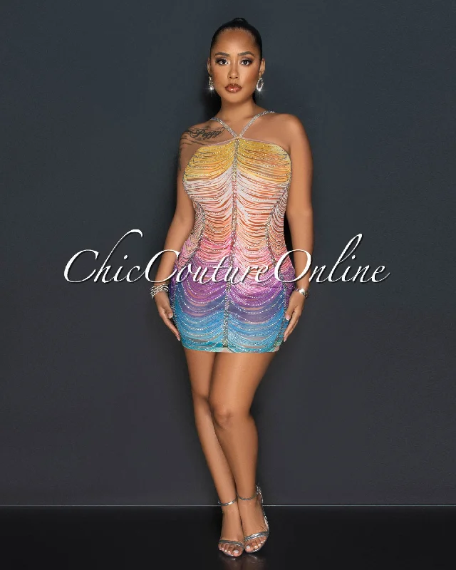 Barin Multi-Color Mesh Sheer Rhinestones Mini Dress