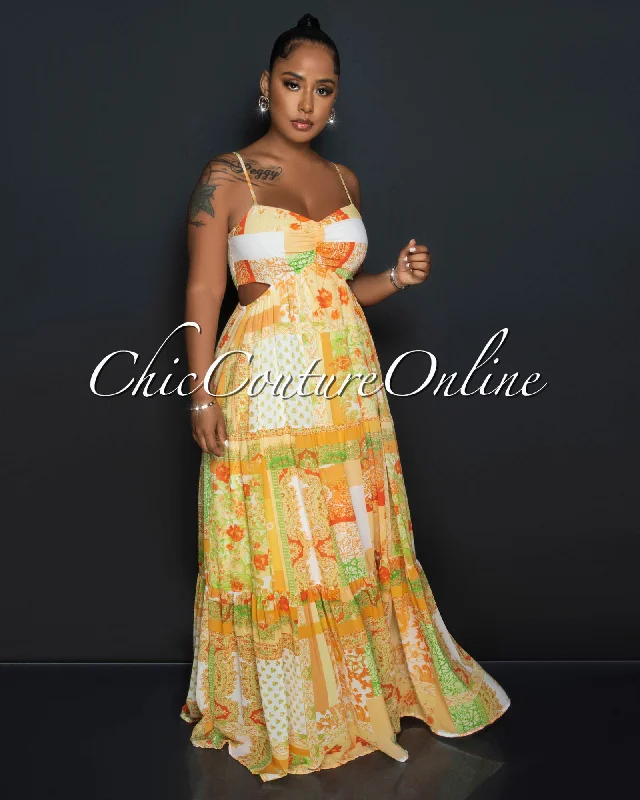 Beaver Yellow Multi-Color Print Waist Cut-Out Maxi Dress