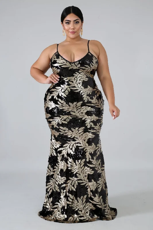 Black Addison Leaf Sequin Gown