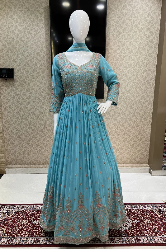 Blue Multicolor Thread, Stone and Zari work Floor Length Anarkali Suit