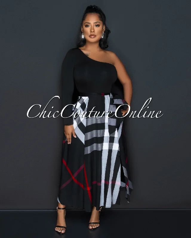 Breea Black Grey Plaid Print Two-Tone Single Shoulder Maxi Dress