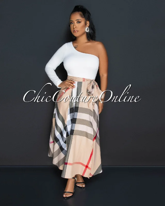 Breea White Brown Plaid Print Two-Tone Single Shoulder Maxi Dress (10/3)