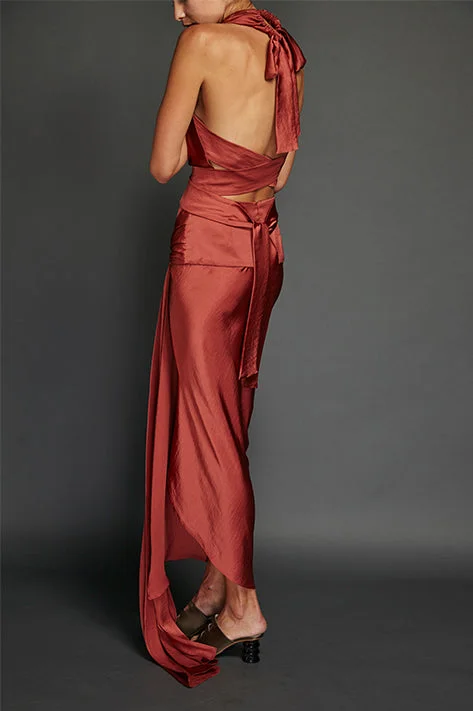 Brick Washed Satin Draped Halter Dress (Sold Out)