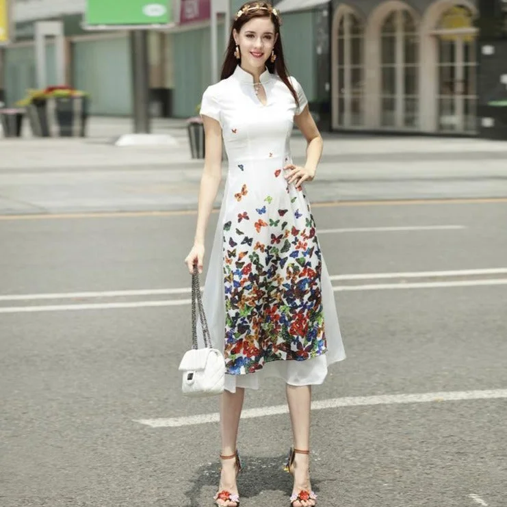 Butterfly Pattern Cap Sleeve Tea Length Spandex Ao Dai Dress