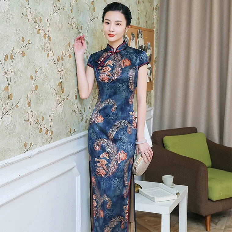 Cap Sleeve Floral Silk Full Length Traditional Cheongsam Chinese Dress