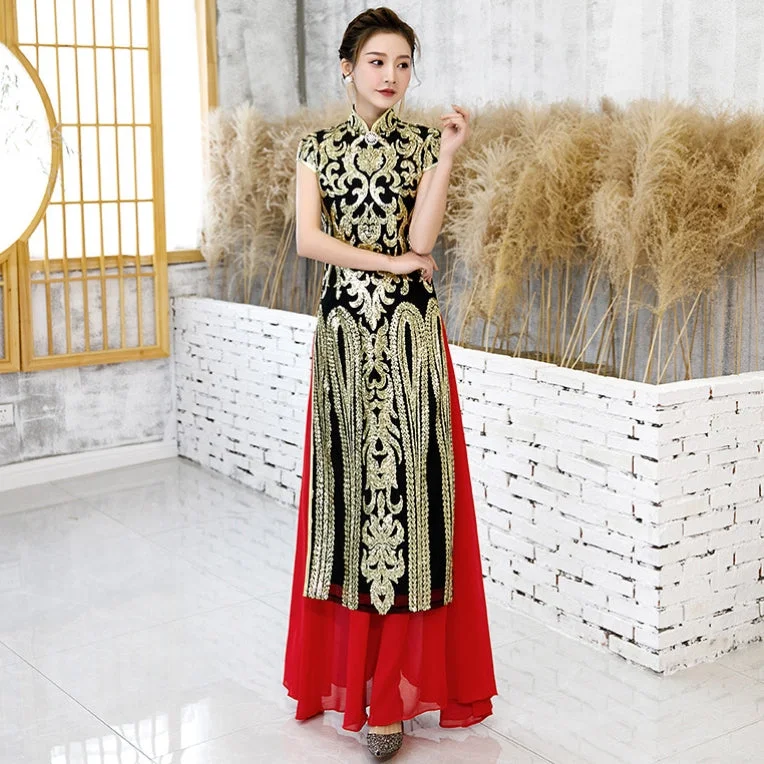 Cap Sleeve Full Length Cheongsam Ao Dai Dress Full of Sequins