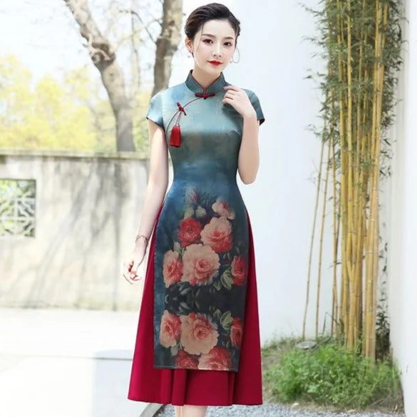 Cap Sleeve Mandarin Collar Tea Length Spandex Ao Dai Dress with Tassel