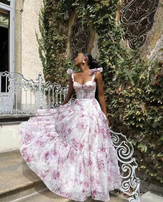 Chiffon A-line Floral Print Prom Dress Senior Prom Gown  gh2794