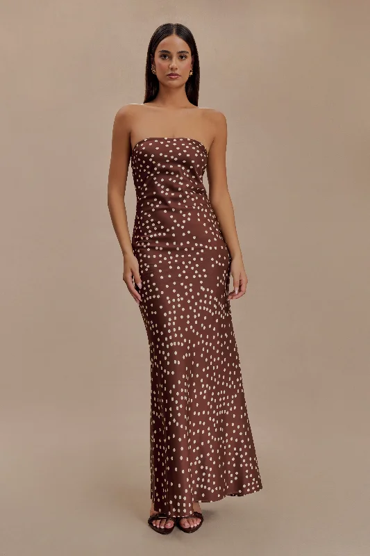 Claudette Strapless Satin Maxi Dress - Brown Polka Dot Print