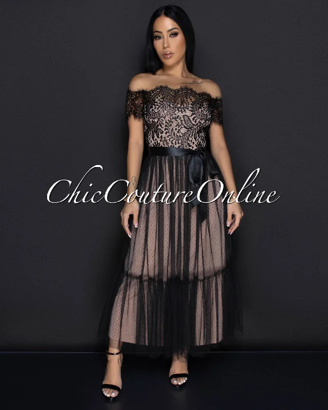 Cosetta Black Lace Nude Illusion Ribbon Midi Dress