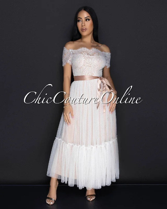 Cosetta White Lace Nude Illusion Ribbon Midi Dress