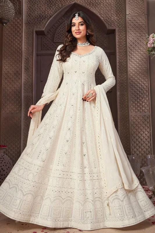 Cream Lucknowi, Sequins, Beads, Zardozi, Mirror and Stone work Floor Length Anarkali Suit