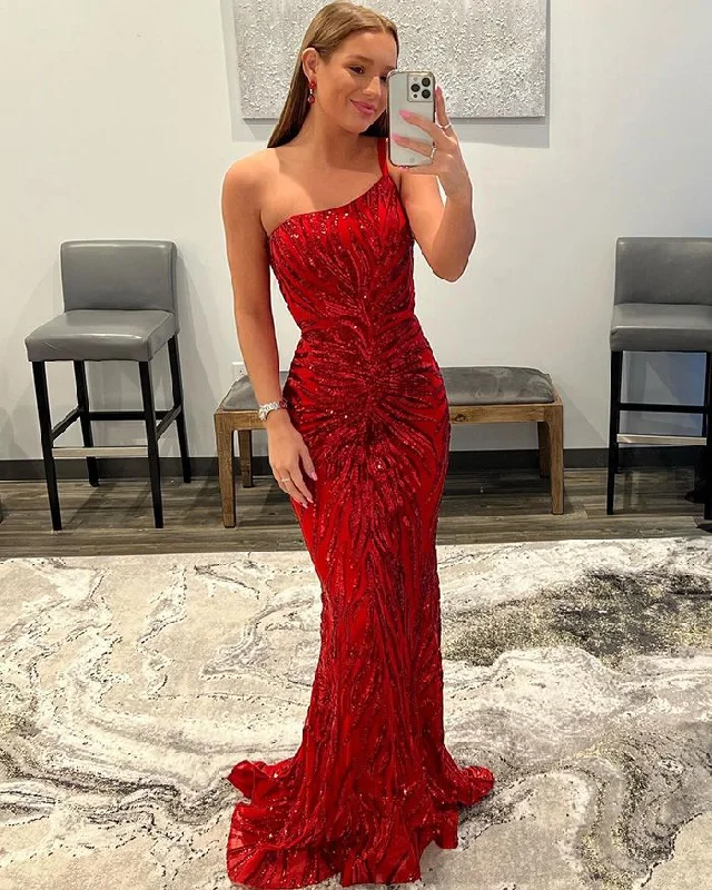 Red Sequin Mermaid One Shoulder Prom Dress gh2487