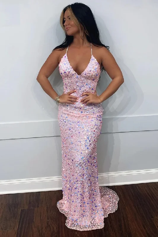 Cute Sparkly Mermaid V Neck Pink Sequins Prom Dresses gh2243