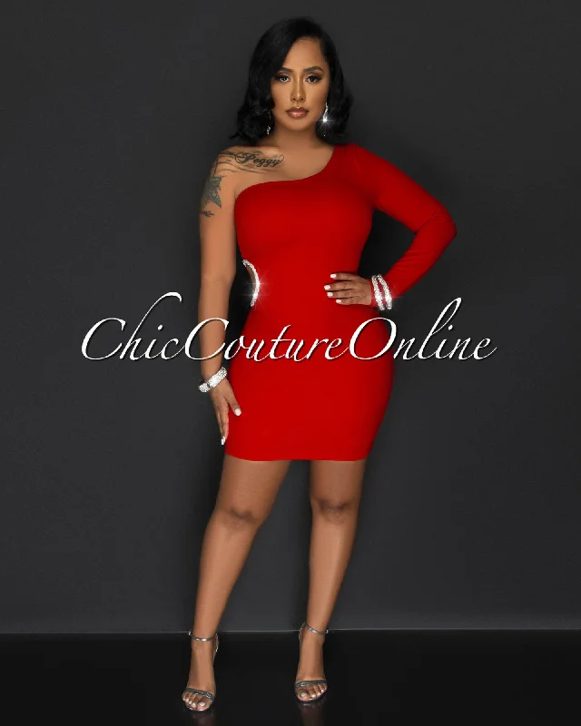 Dannie Red Single Shoulder Rhinestones Cut-Out Accent Dress