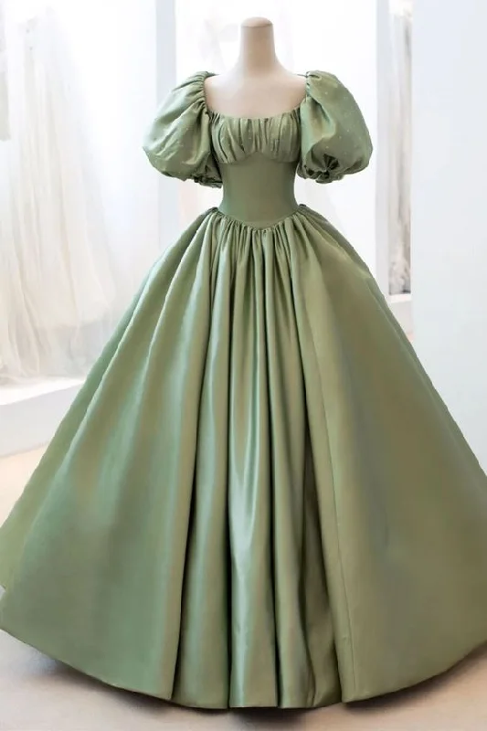 Green Satin Puff Sleeves Long Prom Dress, Green A-Line Formal Dress gh2579