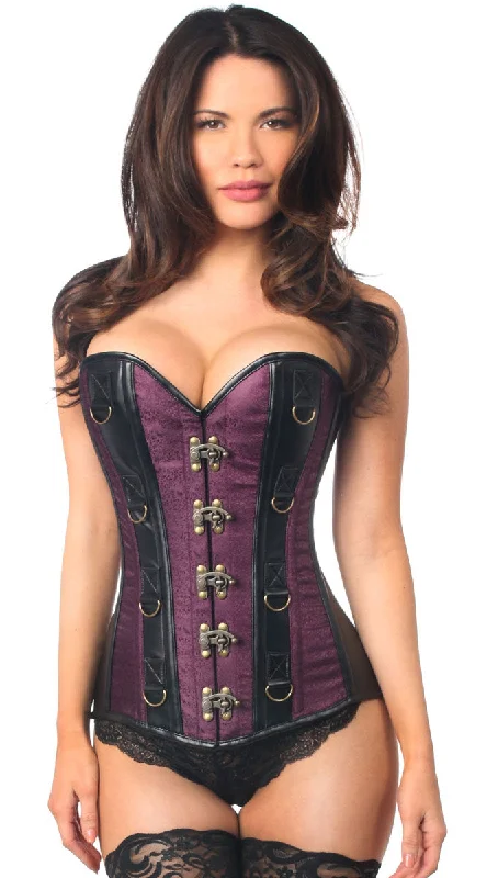 Dark Brocade & Faux Leather Steel Boned Corset in Plum