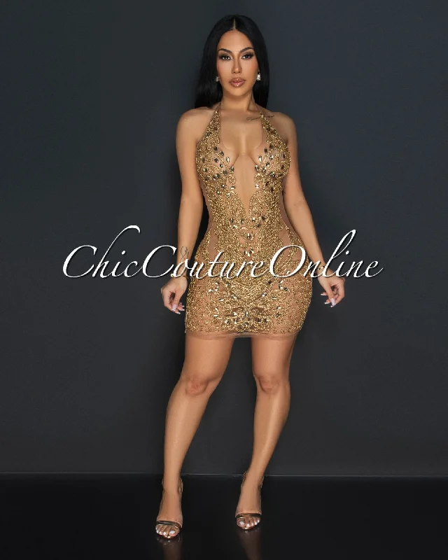 Dea Gold Mesh Rhinestones Halter Mini LUXE Dress