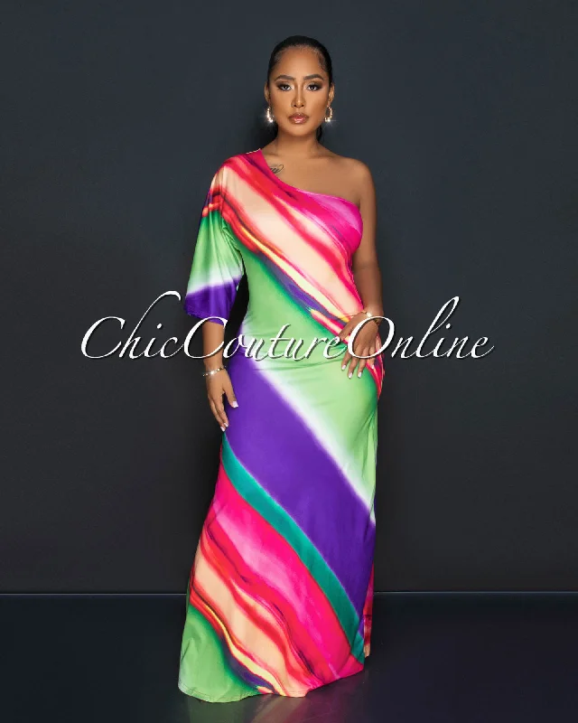 Disa Multi-Color Print Single Shoulder Maxi Dress