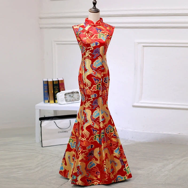 Dragon & Phoenix Pattern Brocade Mermaid Prom Dress Ceremonial Gown