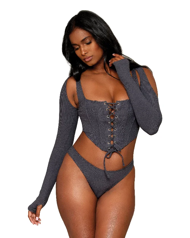 Dreamgirl Rib Knit Sleepwear Bustier, Thong, and Shrug Set