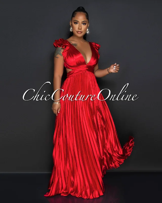 Elaine Red Ruffle Lace-Up Back Pleated Silky Maxi Dress