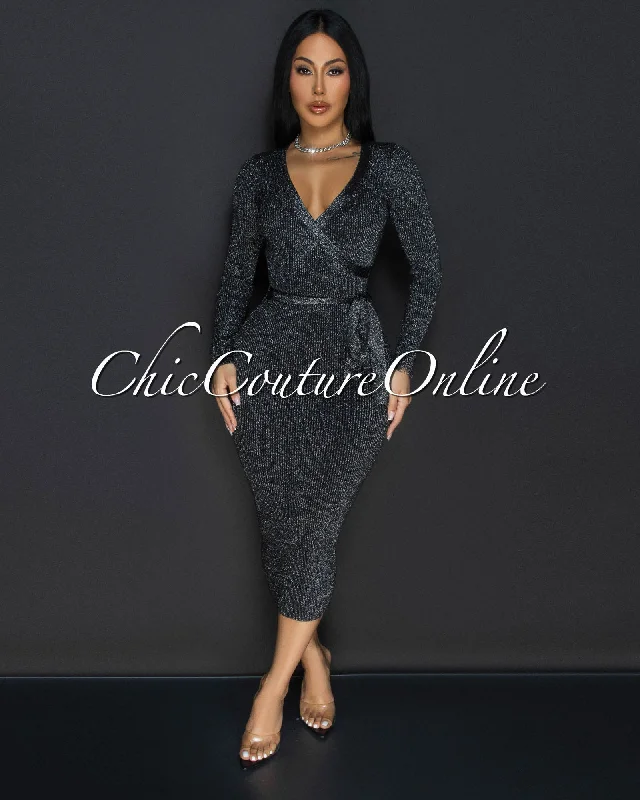 Eleanor Black Silver Shimmer Ribbed Midi Dress