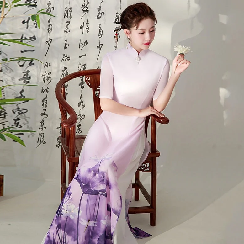 Elegant and Graceful Vietnamese Ao Dai Authentic Modified Summer Long Performance Cheongsam Dress