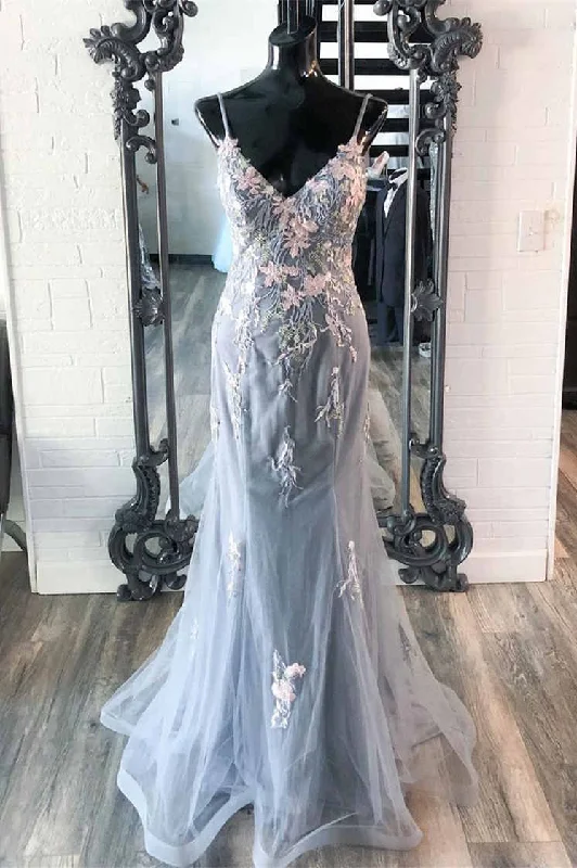 Elegant Mermaid Grey Prom Dress with Embroidery gh2653