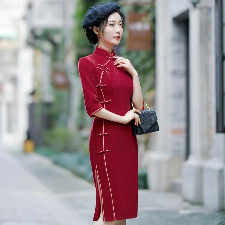 Elegant Mink Cashmere Cheongsam Knee Length Day Dress