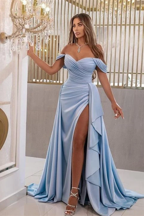 Elegant Sky Blue Split Mermaid Sweetheart Prom Dress With Off-The-Shoulder   gh712