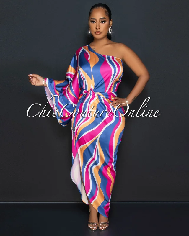 Elida Purple Fuchsia Print Single Shoulder Maxi Dress