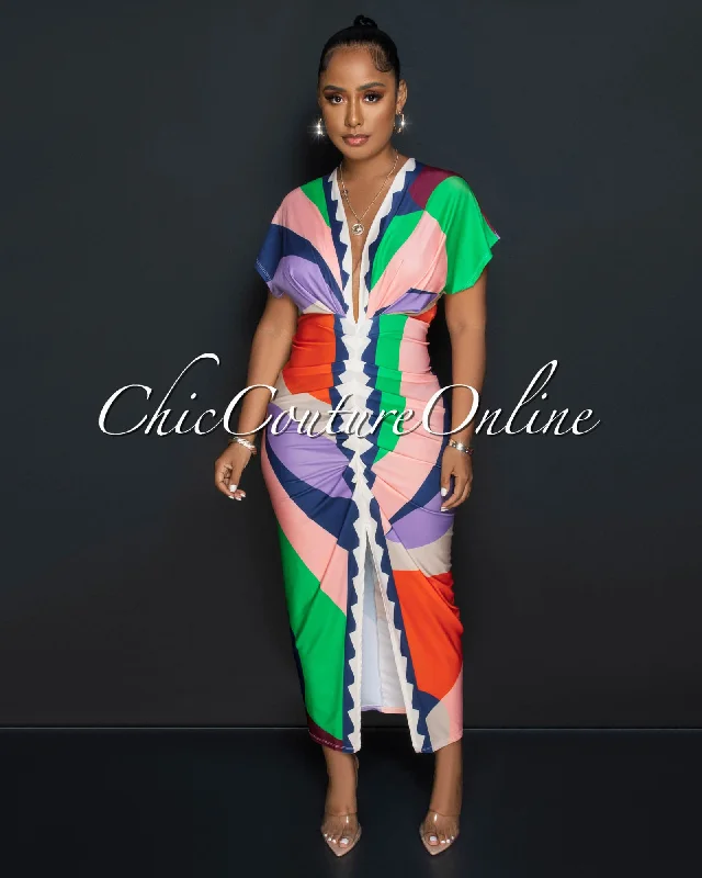 Ellender Green Multi-Color Print Deep V Neck Draped Maxi Dress