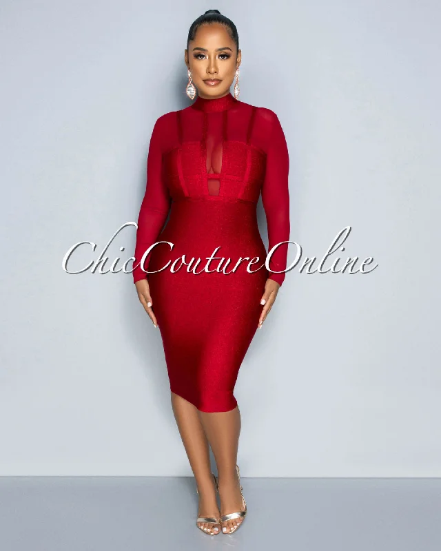 Farlane Burgundy Shimmer Mesh Accent Bandage Dress