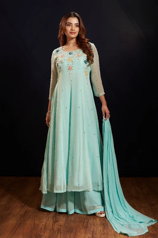 Firozi Sequins, Beads and Pearl work Anarkali Style Salwar Suit with Palazzo Pant