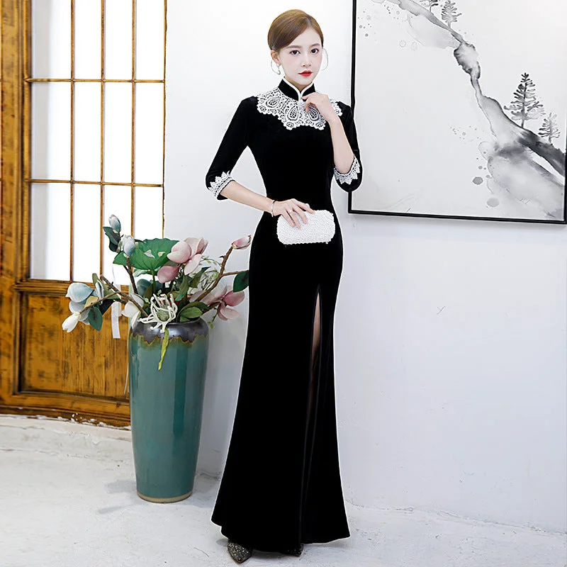 Floral Lace Edge Velvet Cheongsam Mermaid Chinese Dress Evening Gown